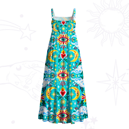 PurplehecateTurquoise Cosmic Hearts and Eyes Wide Straps Maxi Dress