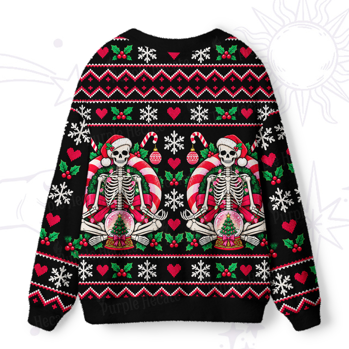 Purplehecate Meditating Skeleton Christmas Candy Ugly Cardigan Sweaters