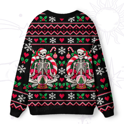 Purplehecate Meditating Skeleton Christmas Candy Ugly Cardigan Sweaters