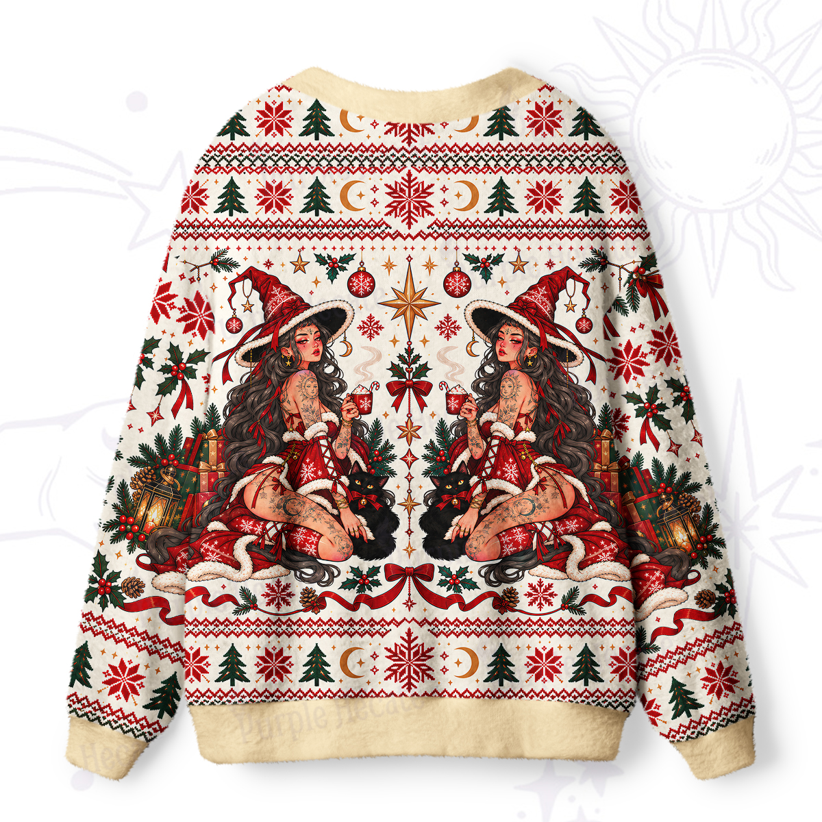 Purplehecate Festive Lantern Witch Christmas Ugly Cardigan Sweaters