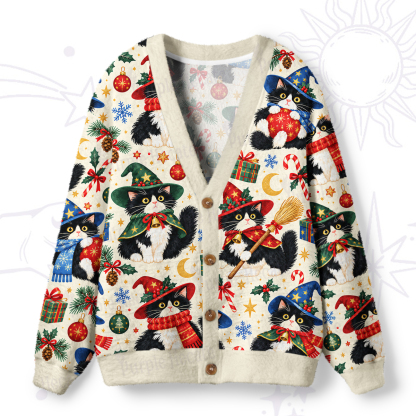 Purplehecate Christmas Wizard Cats Party Ugly Cardigan Sweaters