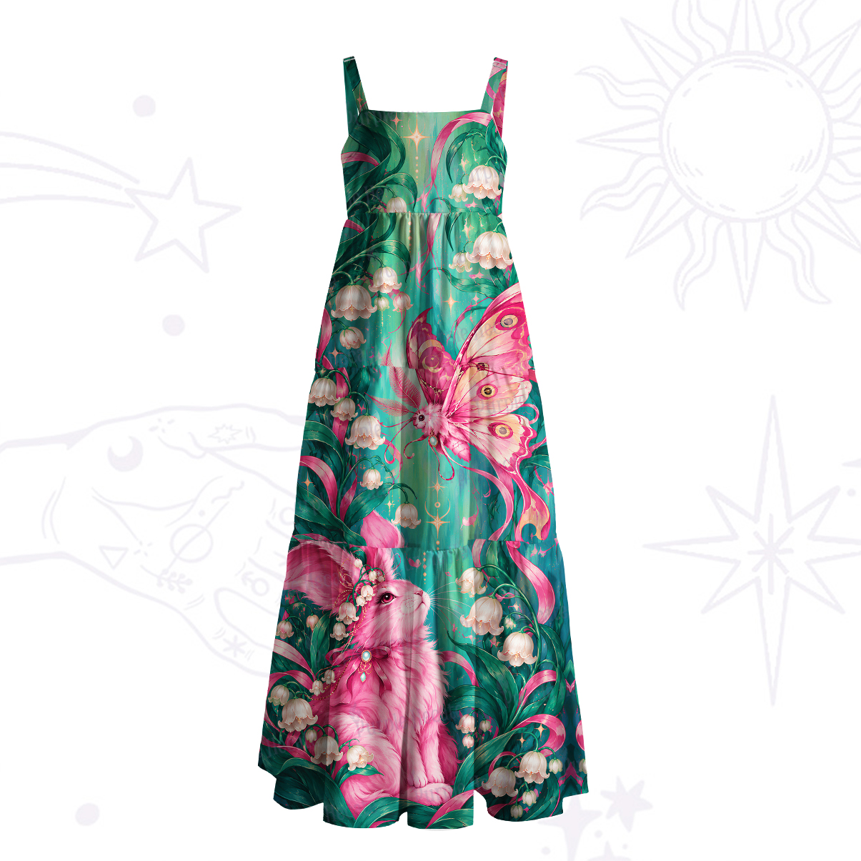Purplehecate Dreamy Rabbit & Butterfly Fantasy Wide Straps Maxi Dress