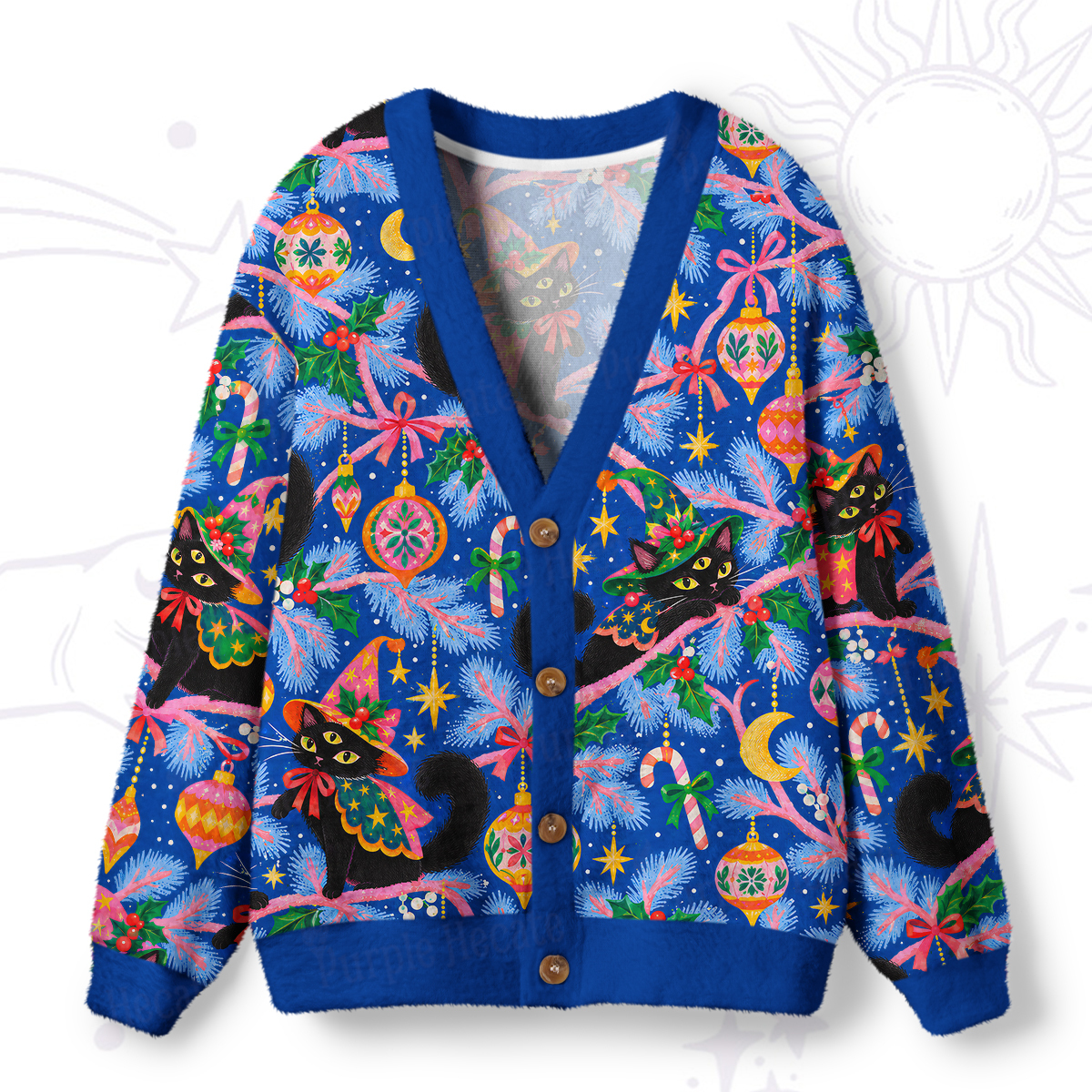 Purplehecate Enchanted Christmas Black Cat Ugly Cardigan Sweaters