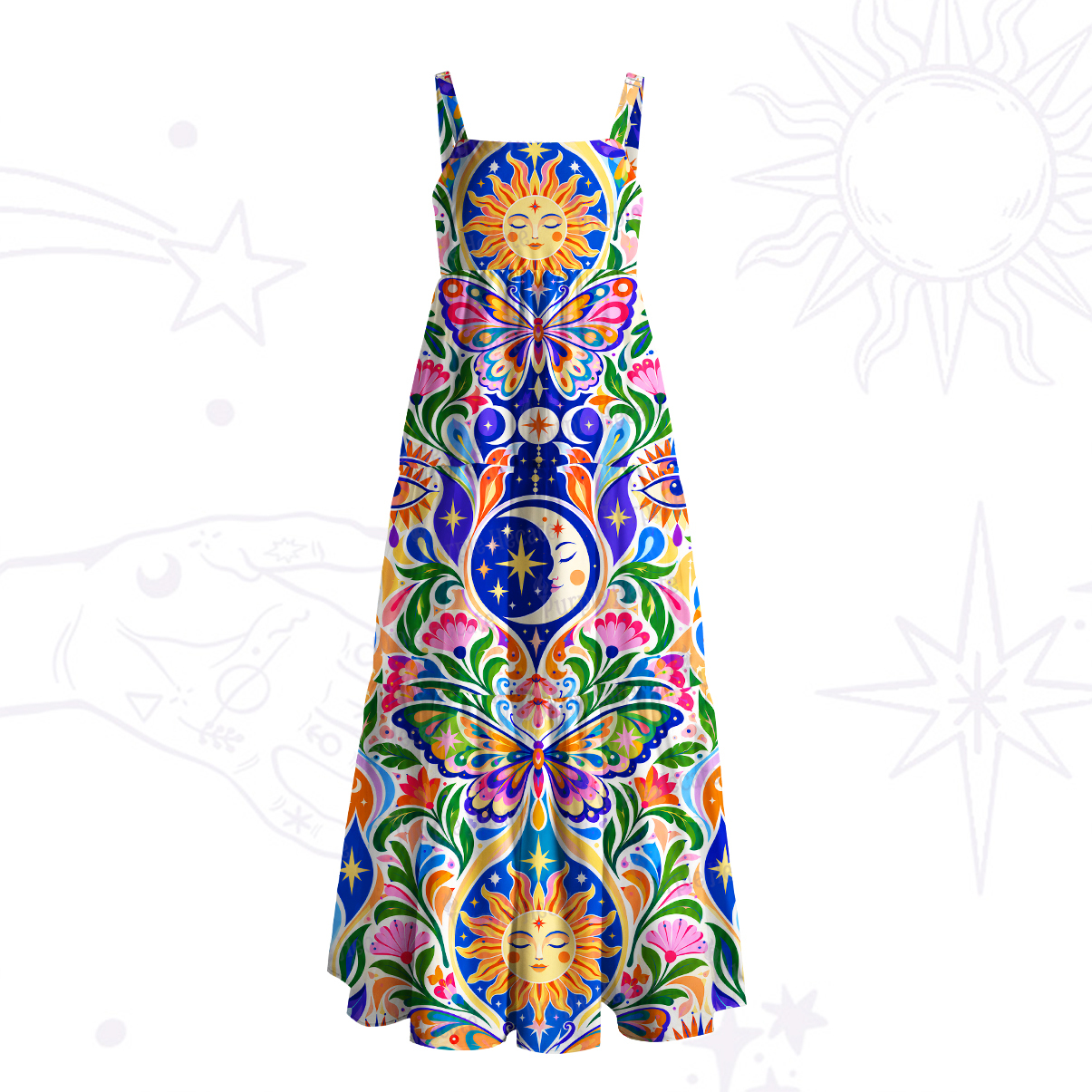 Purplehecate Sun & Moon Butterfly Garden Wide Straps Maxi Dress