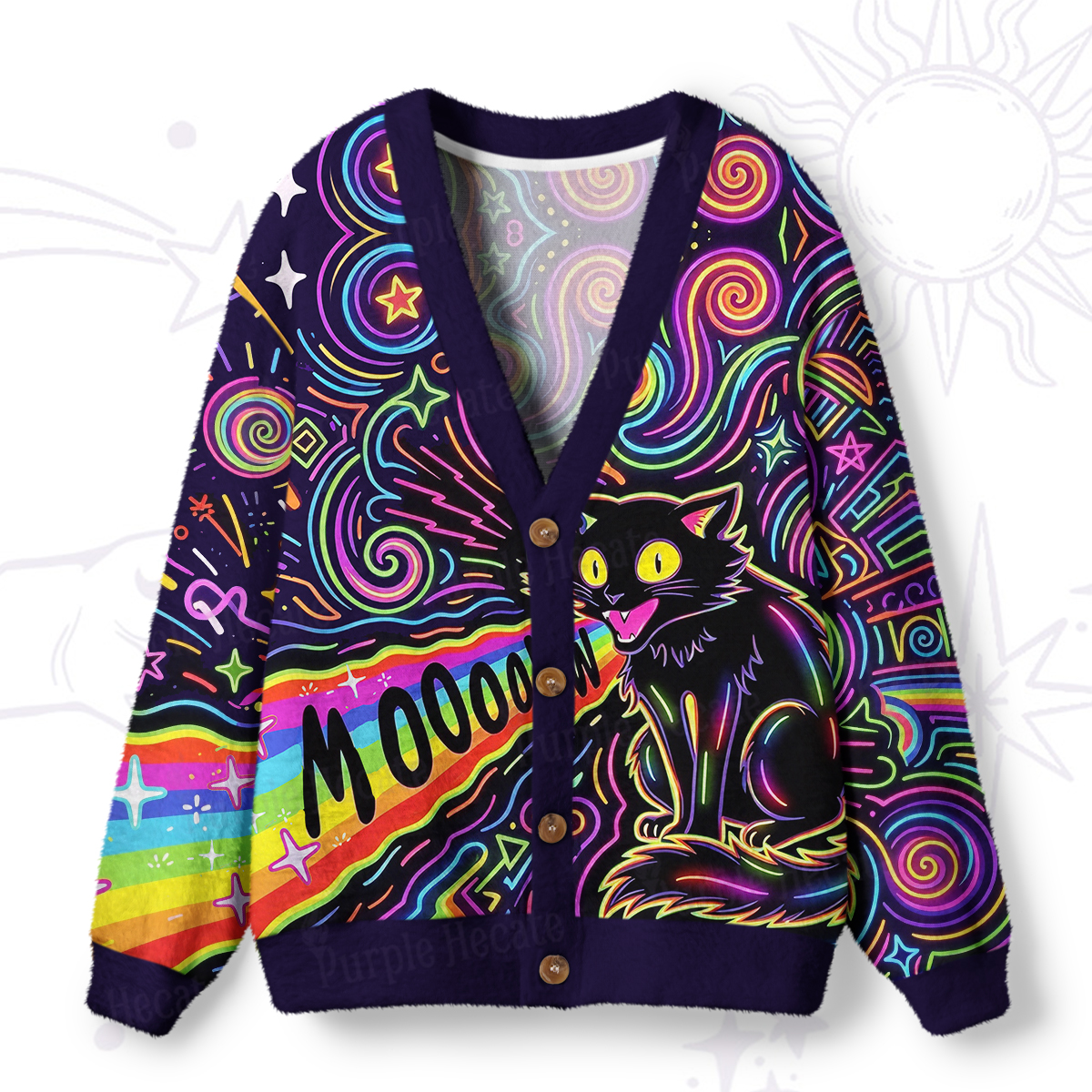 Purplehecate Psychedelic Rainbow Scream Cat Ugly Cardigan Sweaters