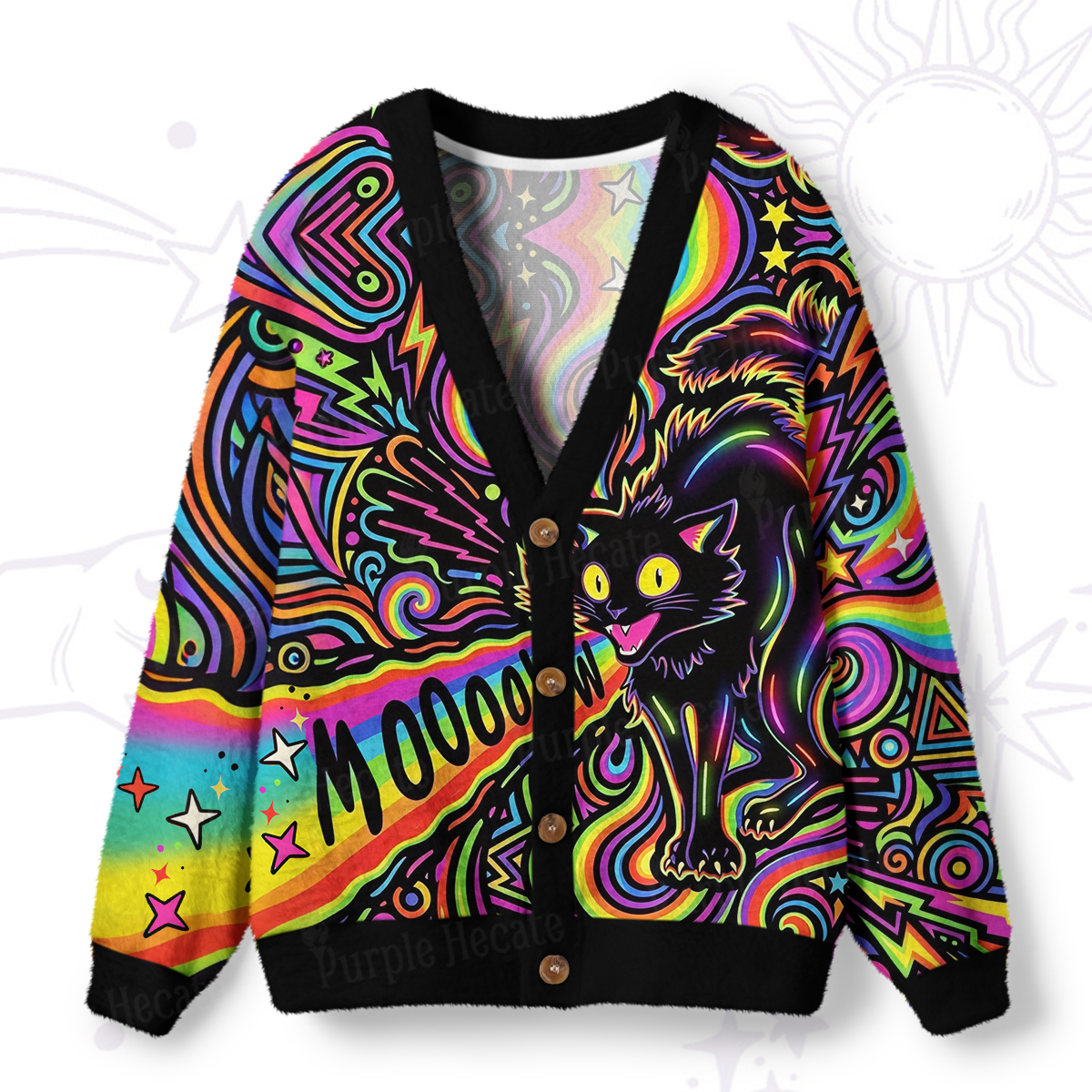 Purplehecate Psychedelic Rainbow Scream Cat Ugly Cardigan Sweaters
