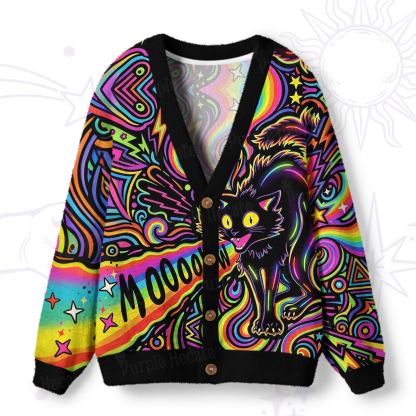 Purplehecate Psychedelic Rainbow Scream Cat Ugly Cardigan Sweaters