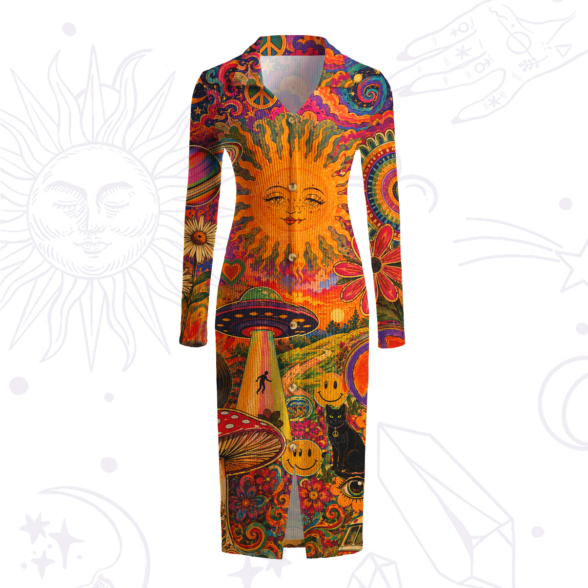 Purplehecate Psychedelic Sun Alien Trip Ribbed Knit Dress