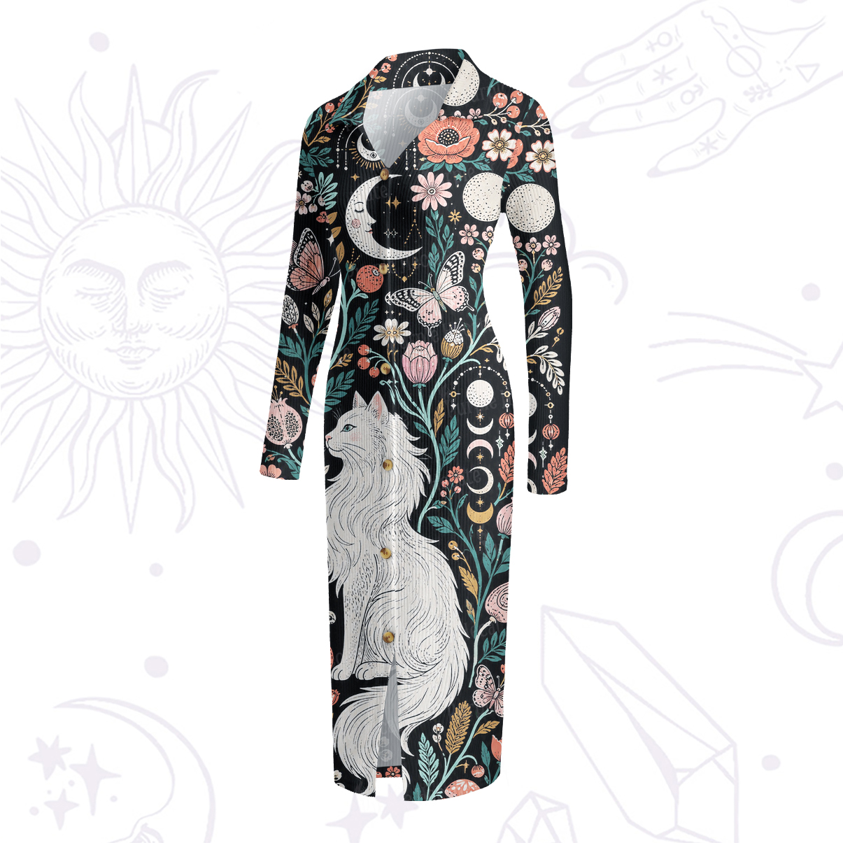 Purplehecate Lunar White Cat Forest Strappy Ribbed Knit Dress