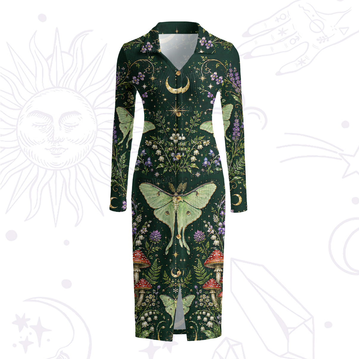 Purplehecate Moonlit Forest Moth Magic Ribbed Knit Dress