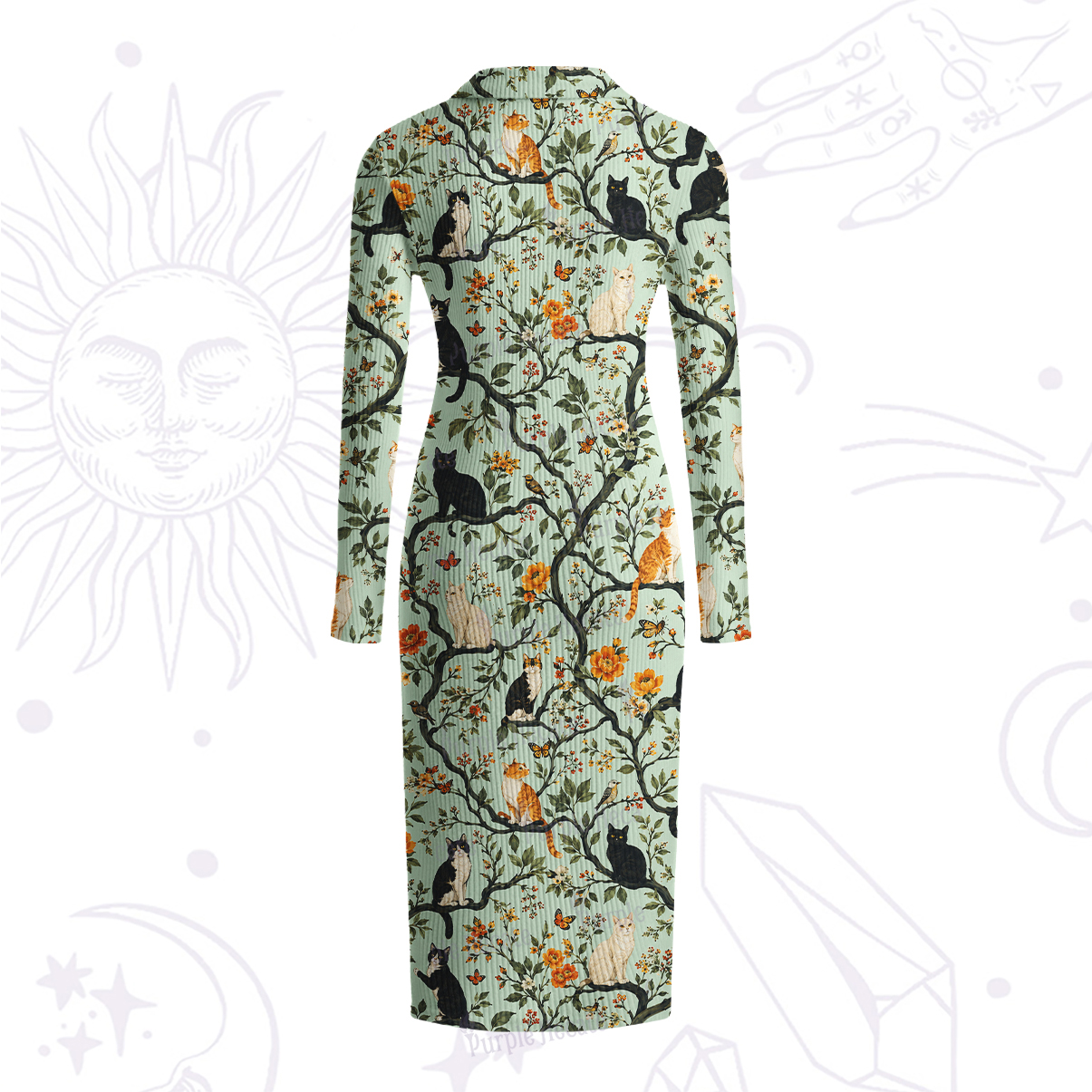 Purplehecate Enchanted Cat Grove Ribbed Knit Dress