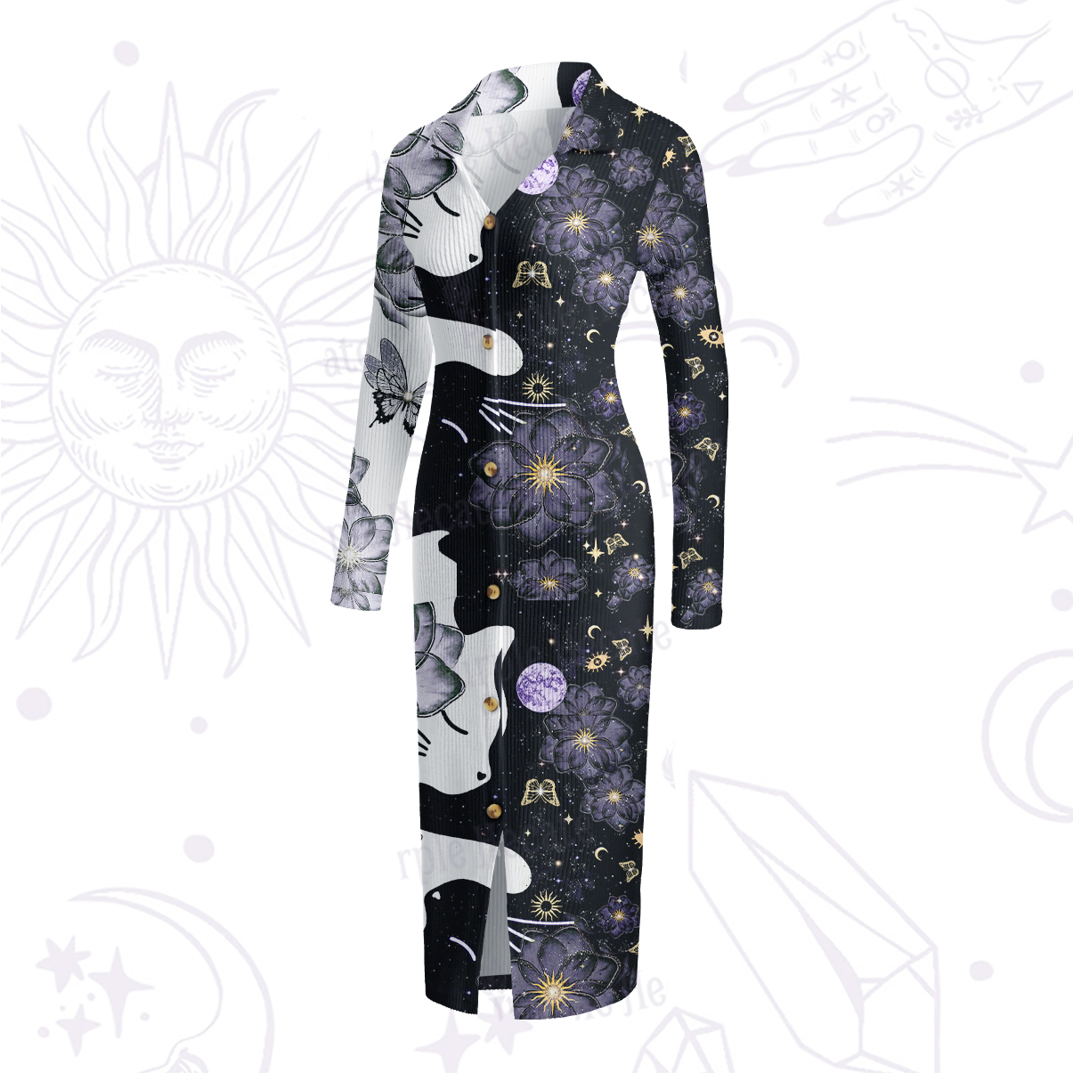 Purplehecate Starlit Cats & Butterflies Ribbed Knit Dress