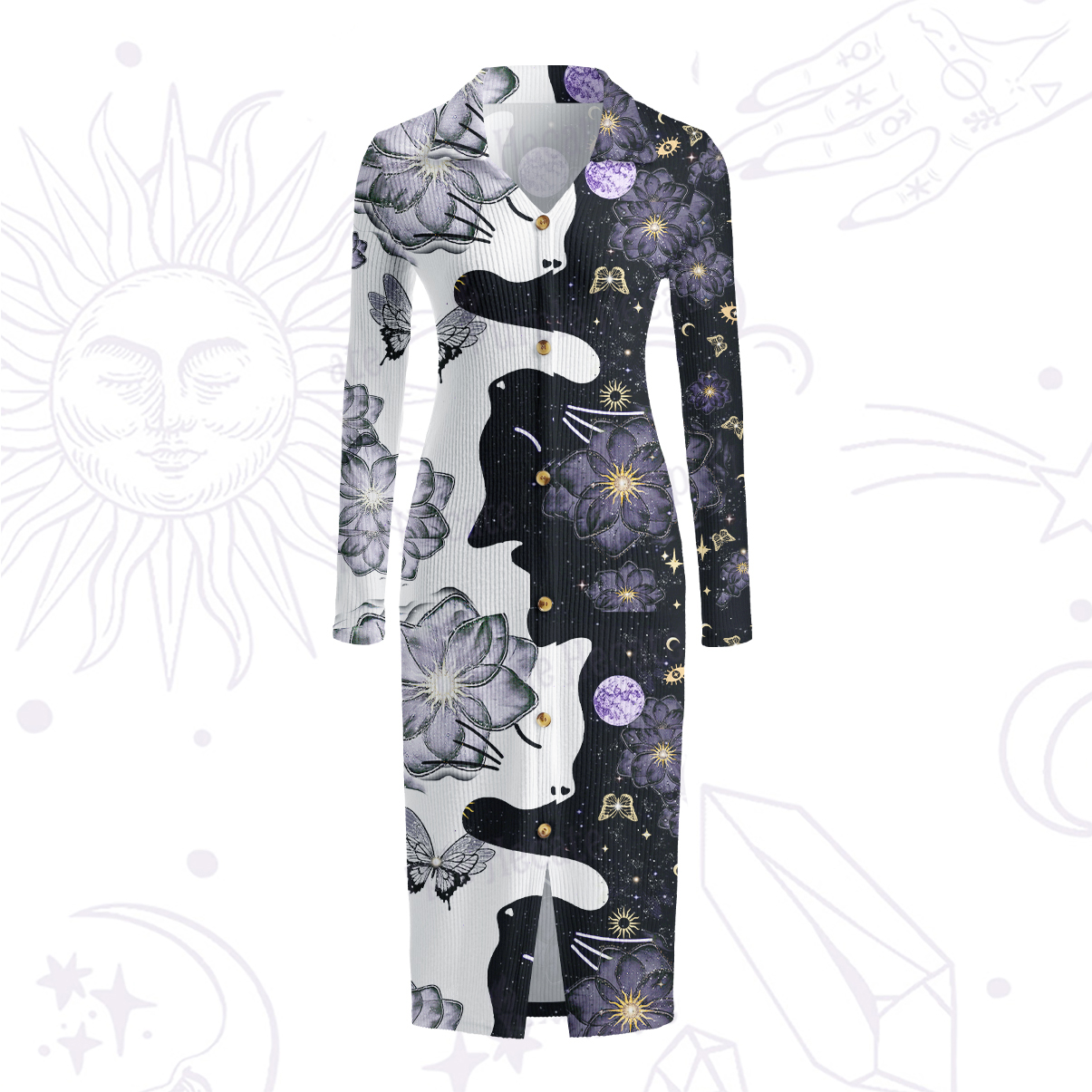 Purplehecate Starlit Cats & Butterflies Ribbed Knit Dress