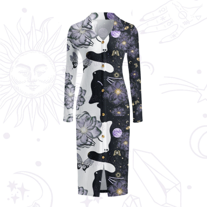 Purplehecate Starlit Cats & Butterflies Ribbed Knit Dress