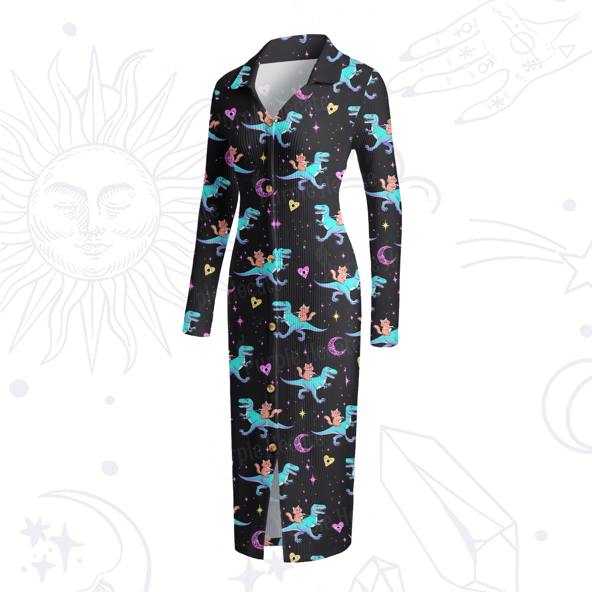 Purplehecate Witch Cat Rides the Dino Ribbed Knit Dress