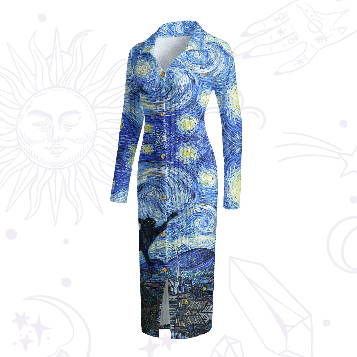 Purplehecate Witch Cat Under the Starry Night Ribbed Knit Dress