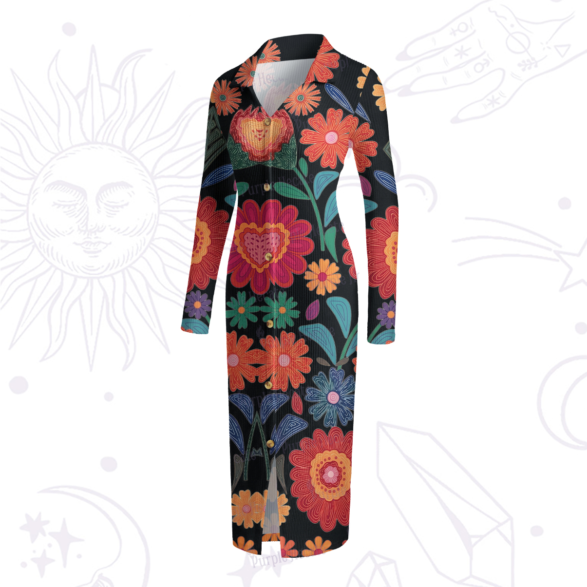 Purplehecate Retro Bloom Folk Floral Ribbed Knit Dress