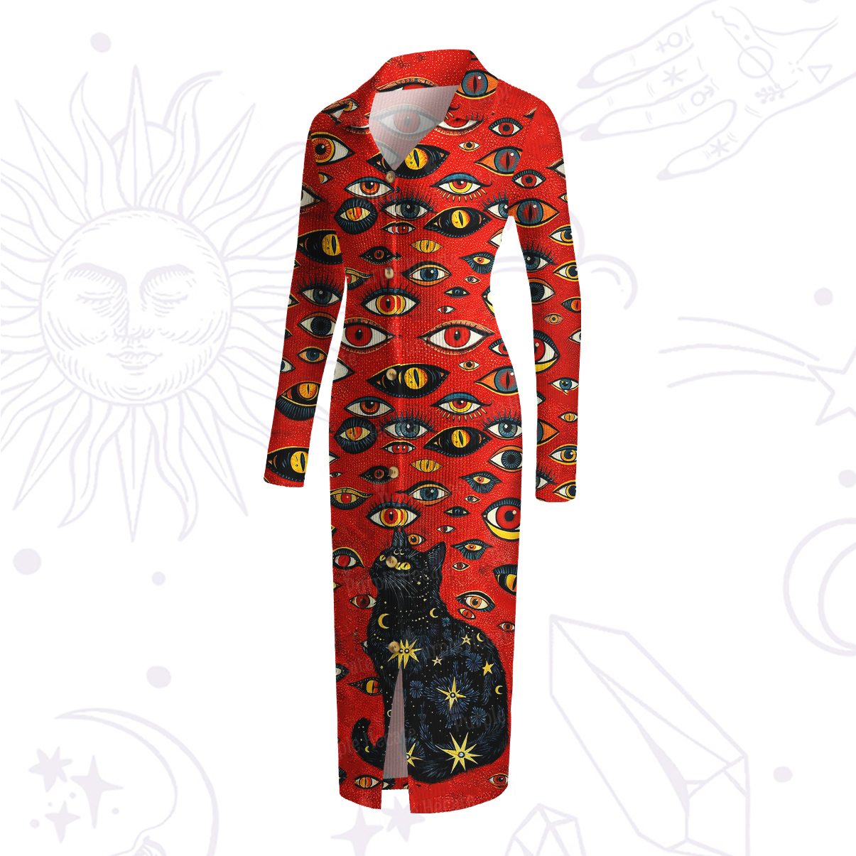 Purplehecate Cosmic Watcher Cat Ribbed Knit Dress