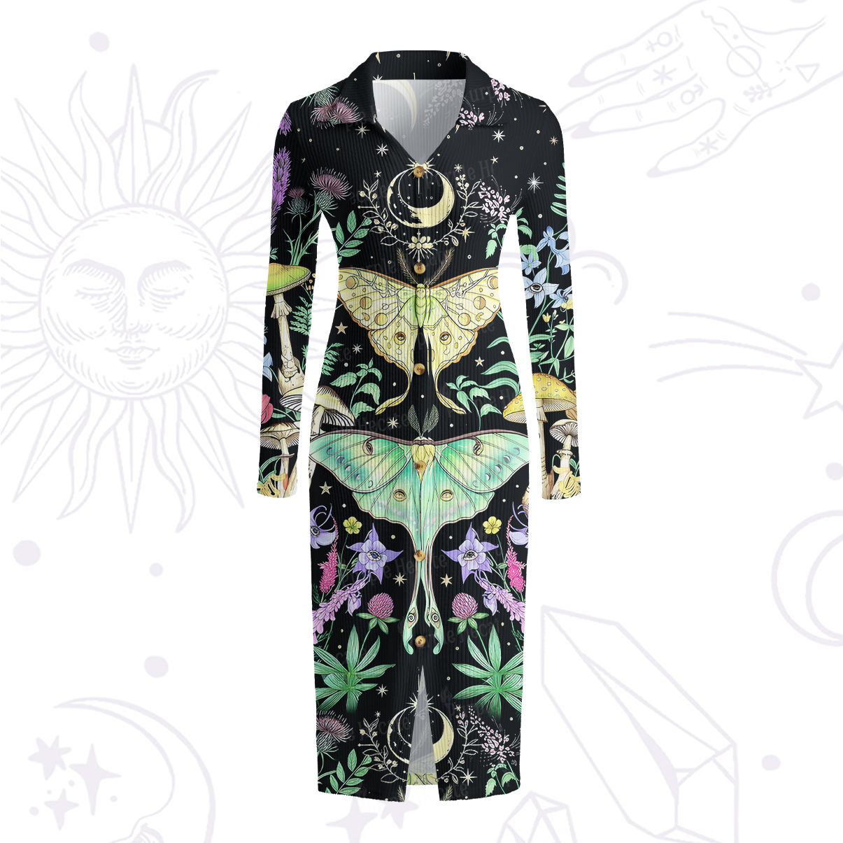 Purplehecate Mystic Lunar Moth Herbal Forest Ribbed Knit Dress