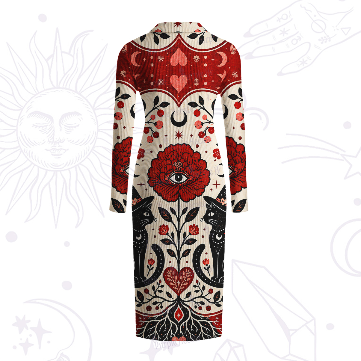 Purplehecate Sacred Cat Floral Ribbed Knit Dress