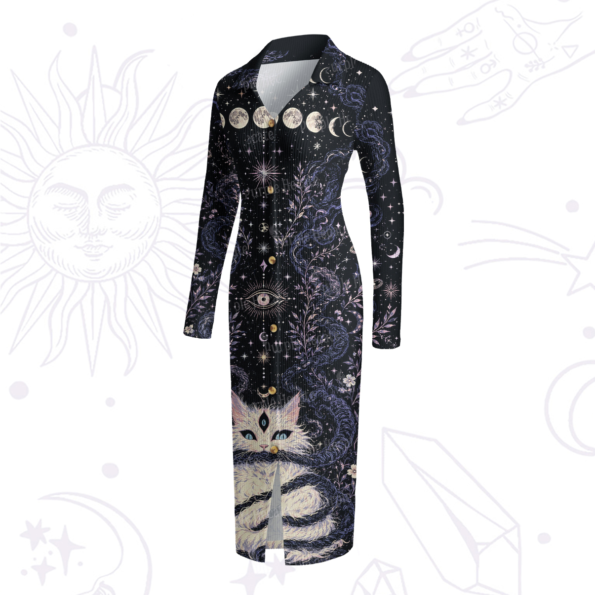 Purplehecate Moon Phase Oracle Cat Ribbed Knit Dress