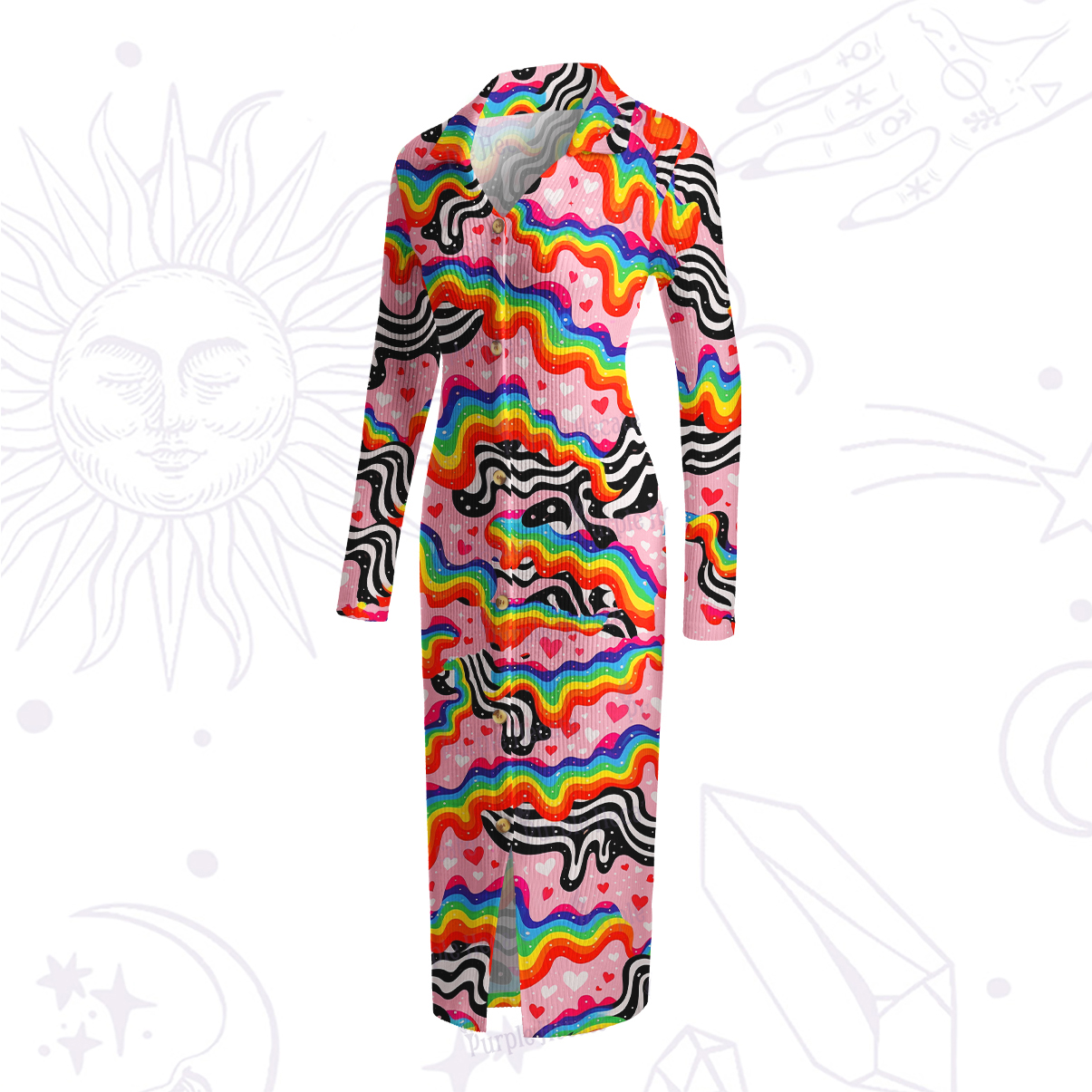 Purplehecate Groovy Melty Rainbow Hearts Wavy Ribbed Knit Dress