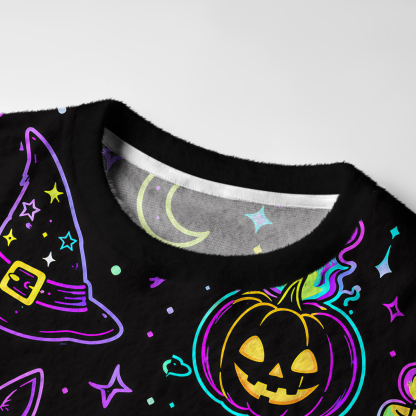 Purplehecate Neon Halloween Skeleton Cat Fuzzy Ugly Sweatshirt