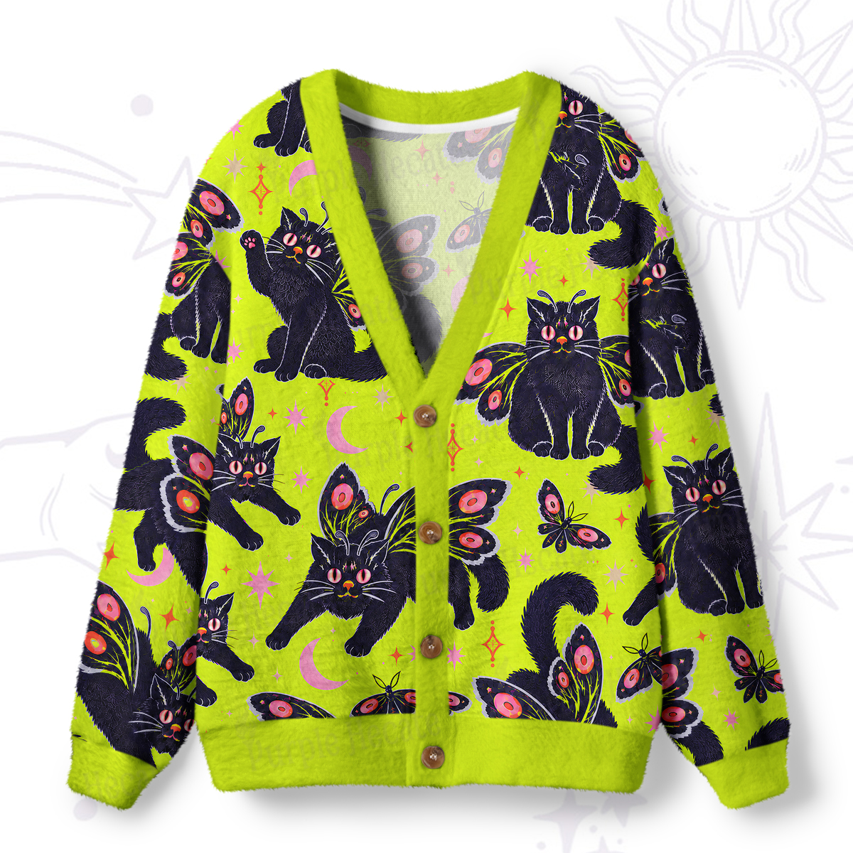 Purplehecate Whimsical Meowin' Winged Black Cat Ugly Cardigan Sweaters