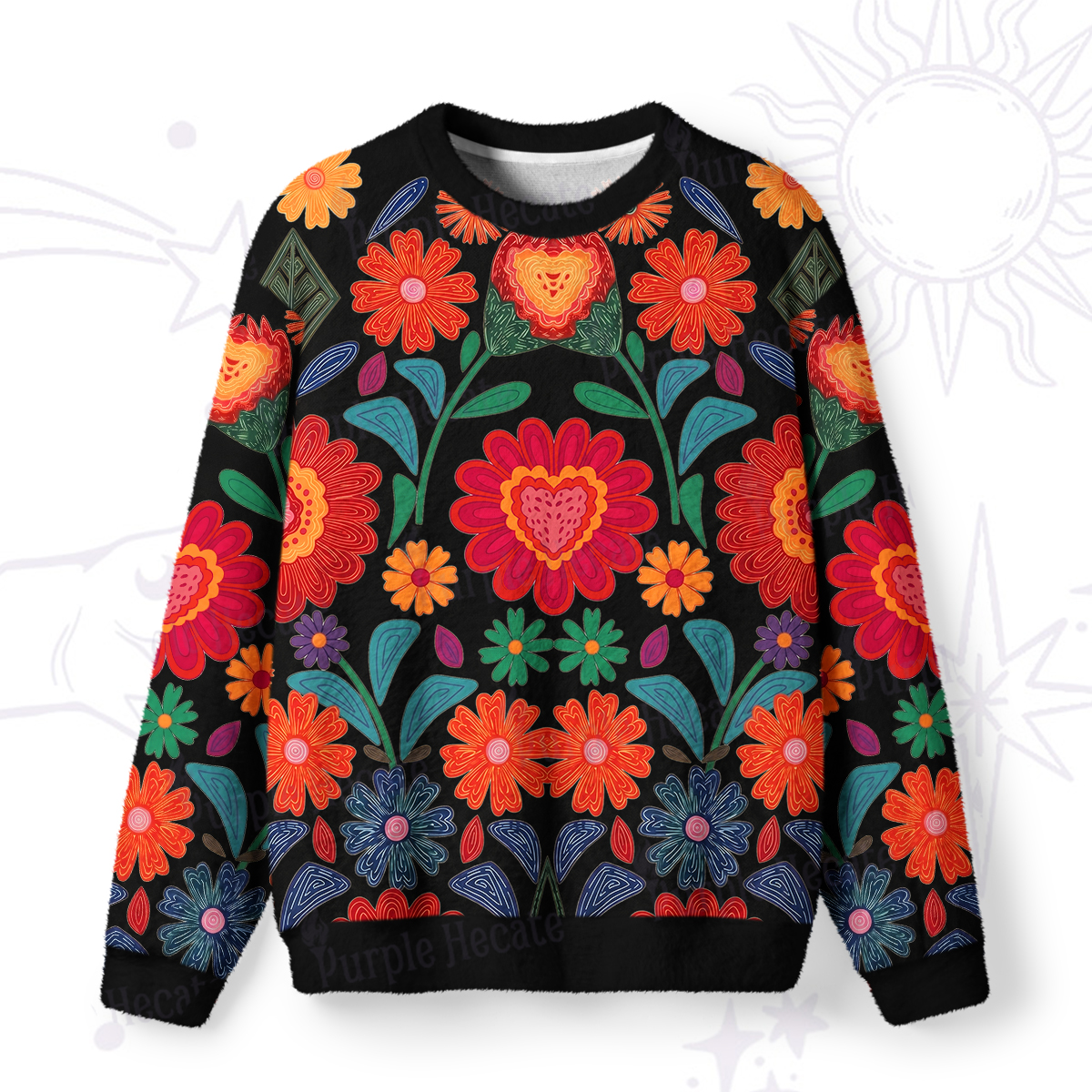 Purplehecate Retro Bloom Folk Floral Fuzzy Ugly Sweatshirt