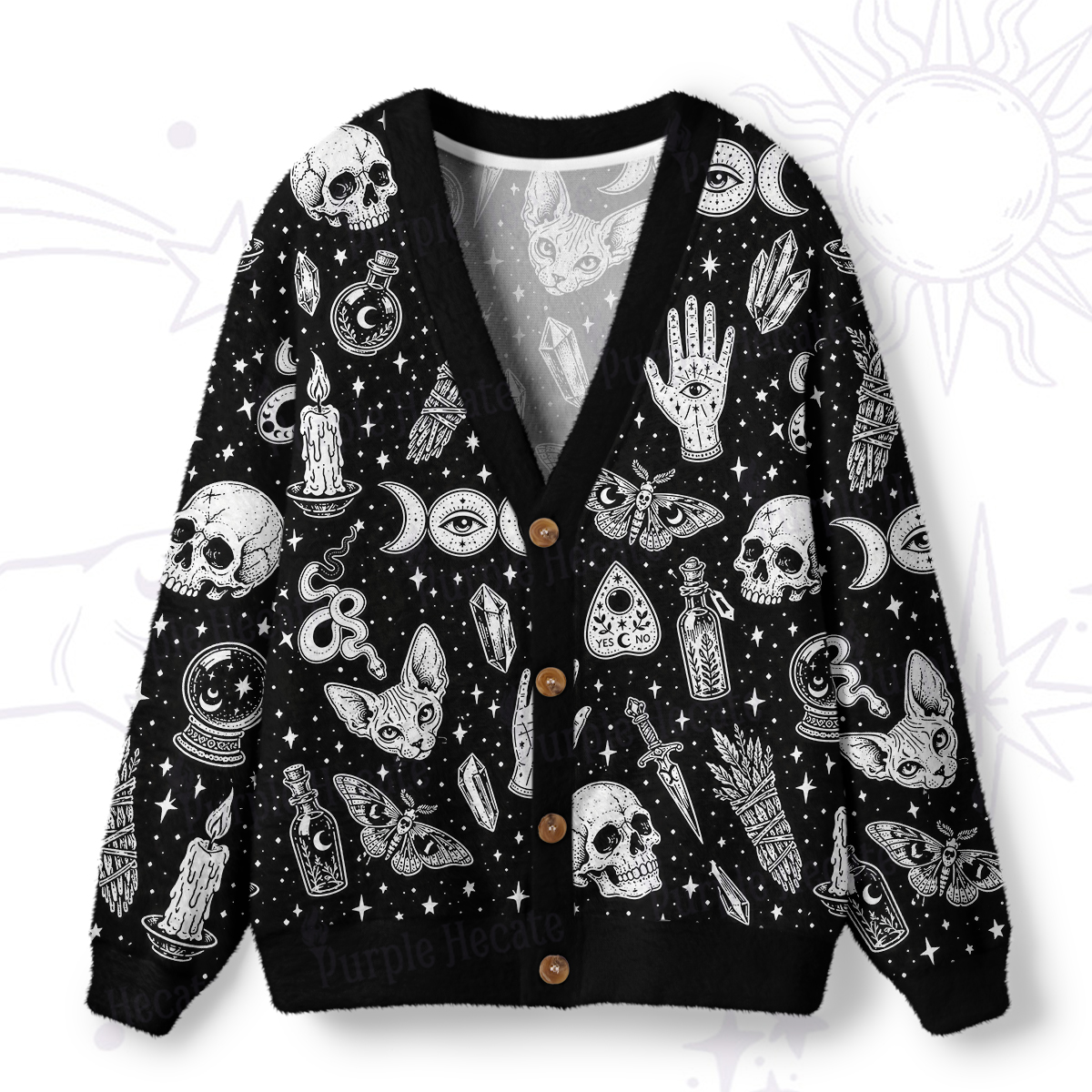 Purplehecate Gothic Mystic Cat & Skull Print Ugly Cardigan Sweaters