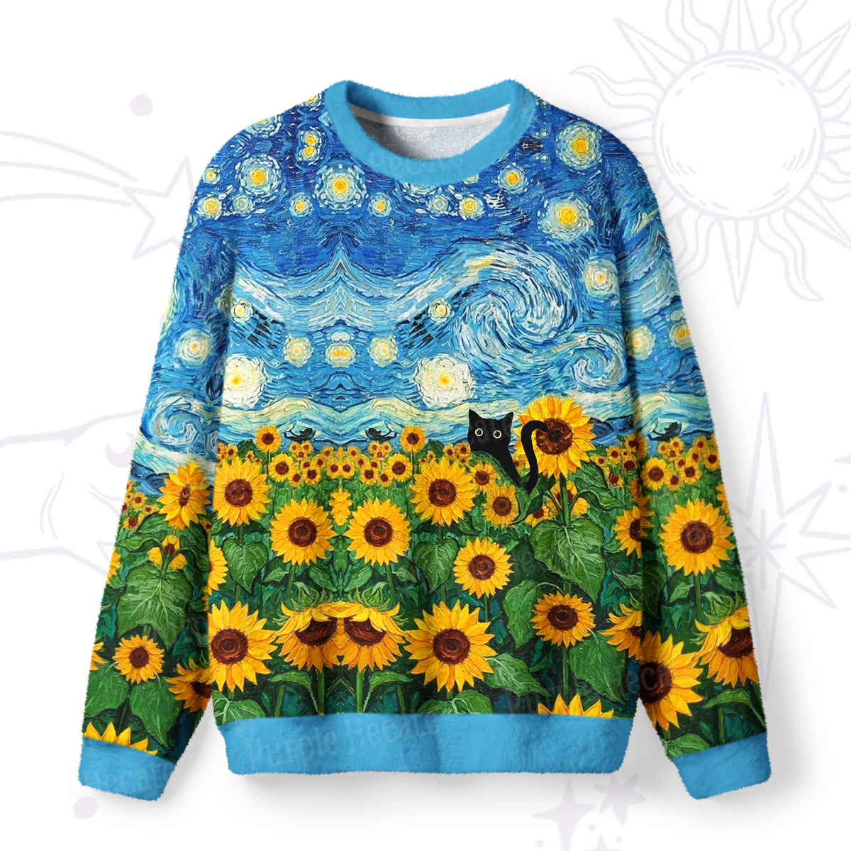 Purplehecate Starry Night Sunflower Black Cat Fuzzy Ugly Sweatshirt