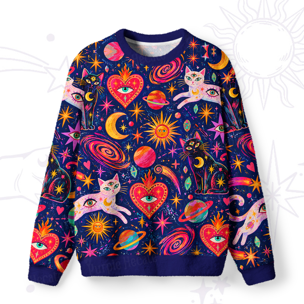 Purplehecate Psychedelic Galaxy Moon Cats in Space Fuzzy Ugly Sweatshirt