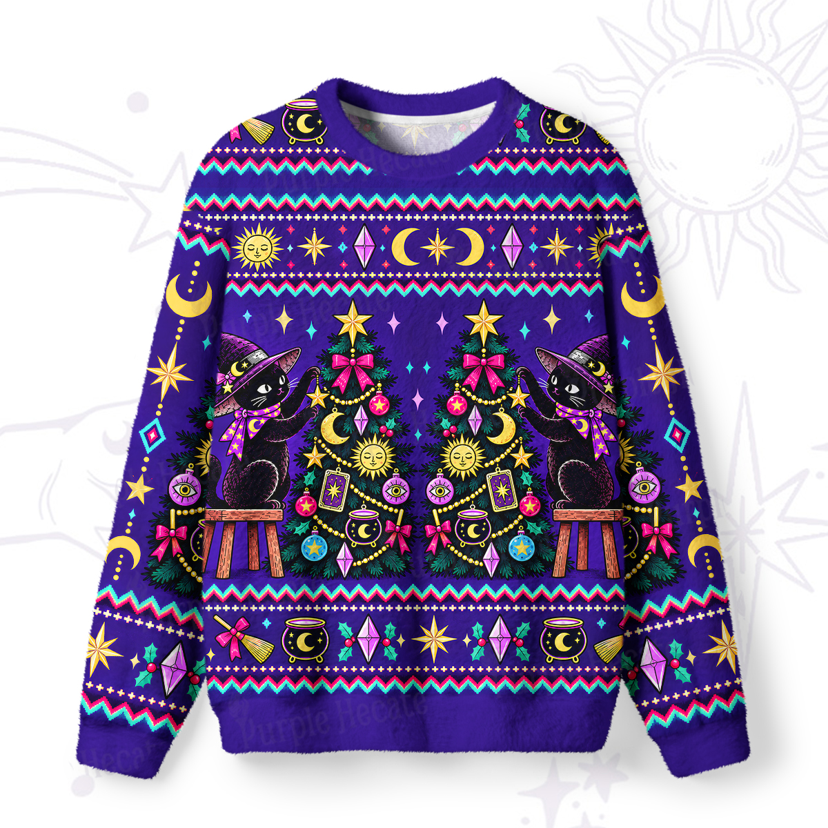 Purplehecate Black Cat Decorating the Christmas Tree Fuzzy Ugly Sweatshirt