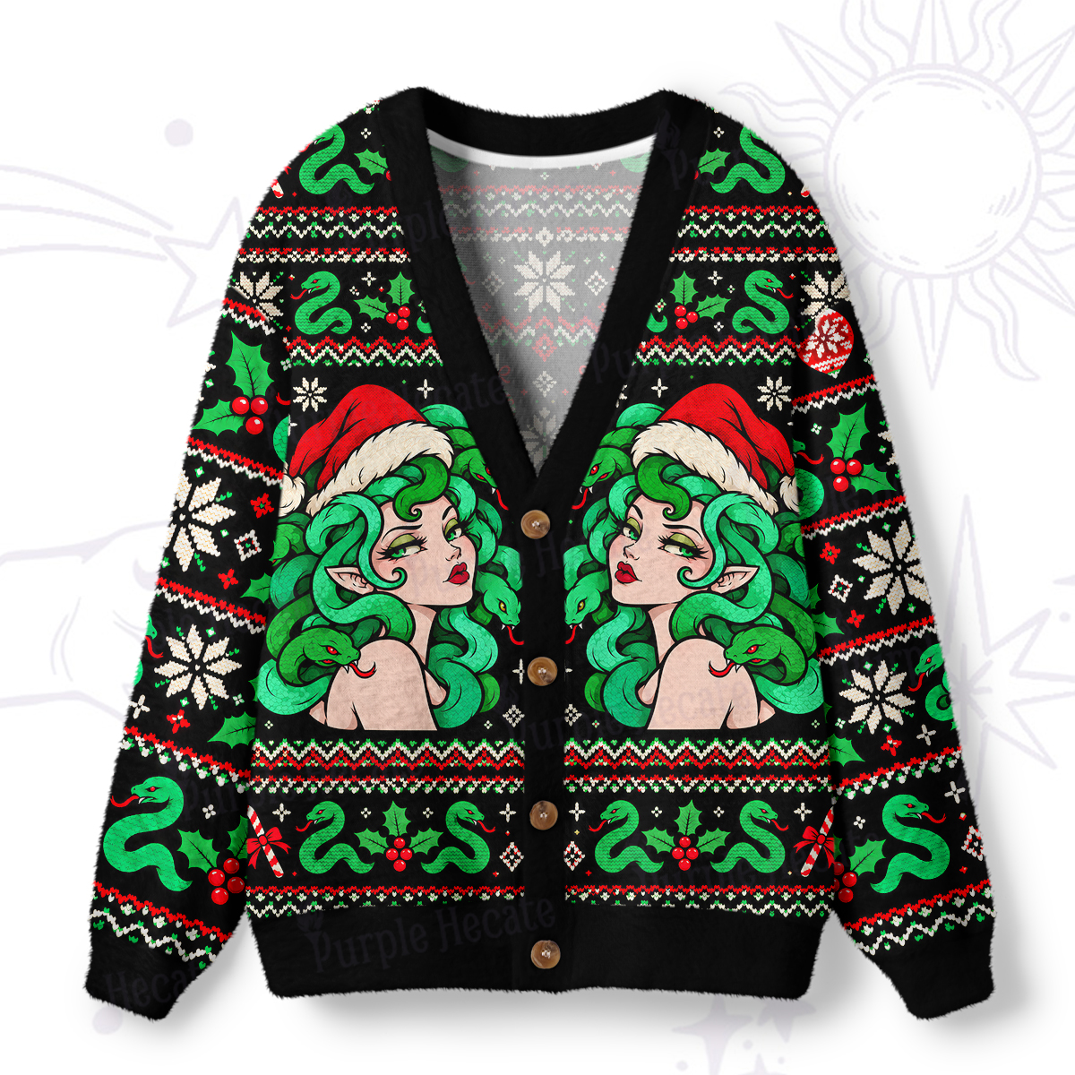 Purplehecate Twin Green-Haired Christmas Elf Ugly Cardigan Sweaters