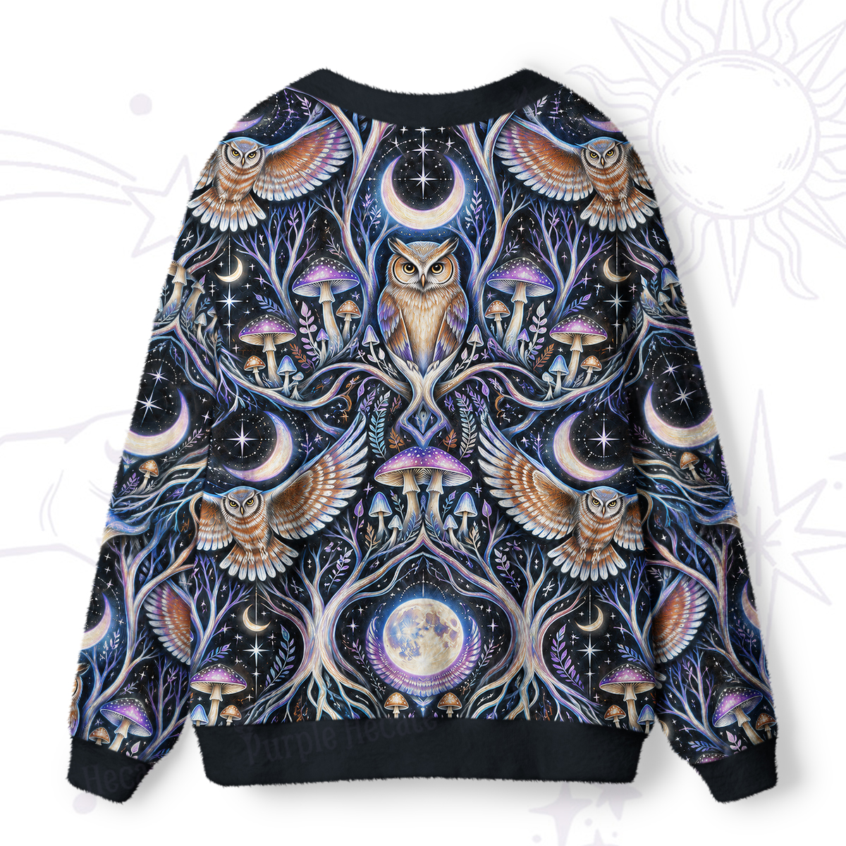 Purplehecate Starry Moon Forest Owl Ugly Cardigan Sweaters