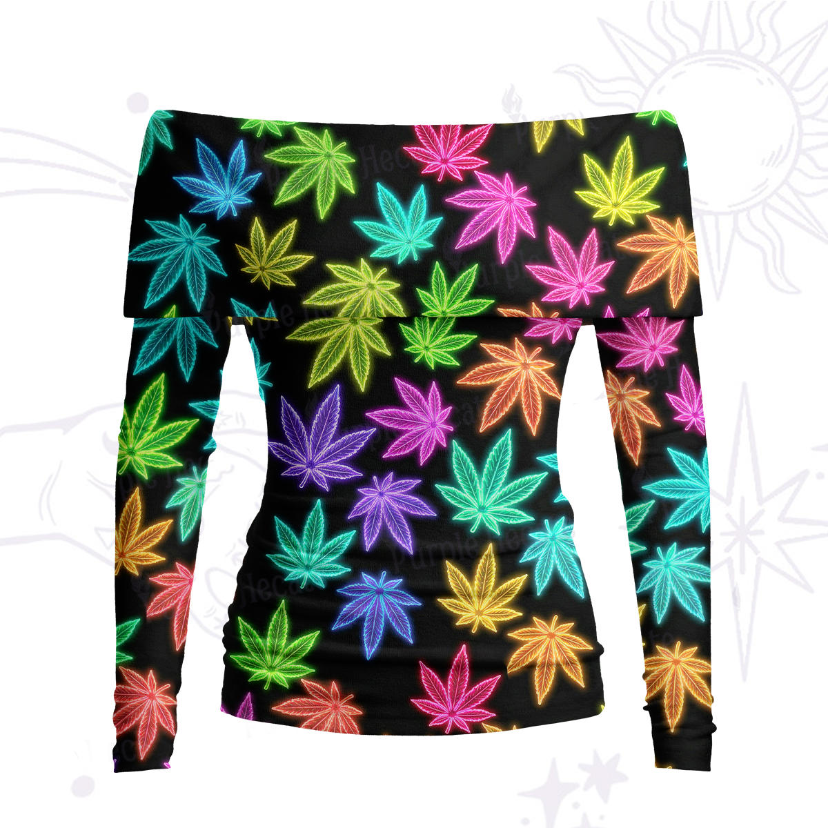 Purplehecate Trippy Weed Off Shoulder Long Sleeve Knit Top