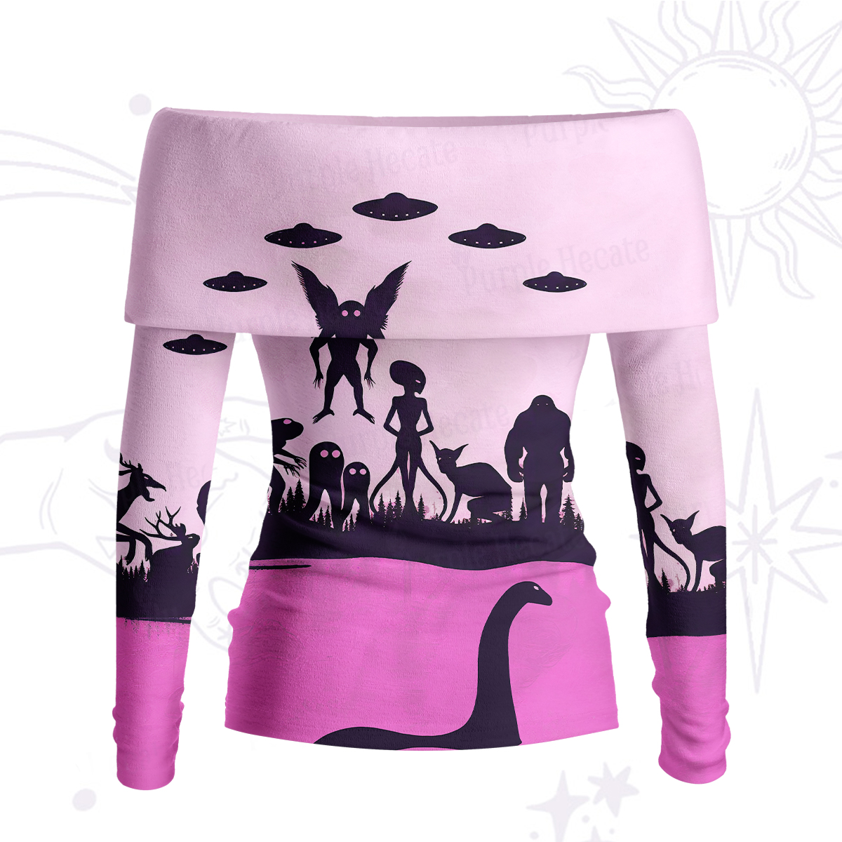 Purplehecate Alien Lake Monster Encounter Off Shoulder Long Sleeve Knit Top