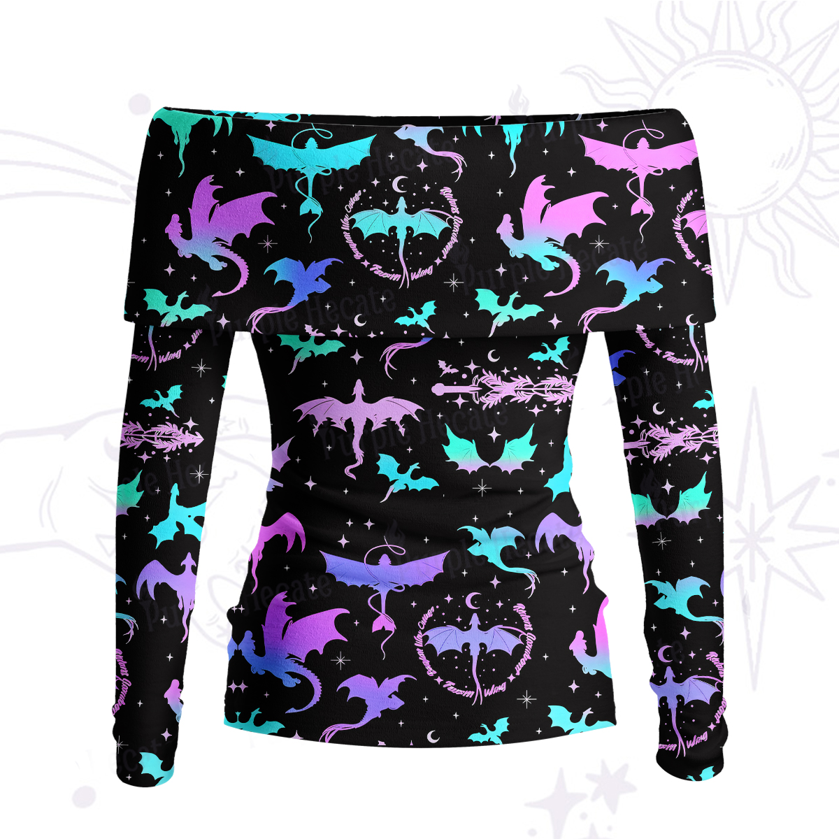 Purplehecate Neon Fantasy Dragon Allover Off Shoulder Long Sleeve Knit Top