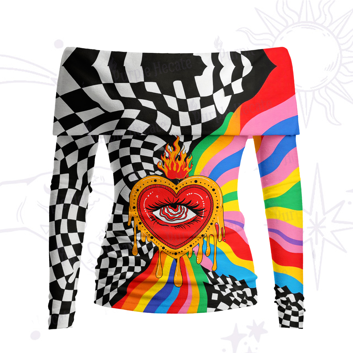 Purplehecate Trippy Rainbow Heart Eye Off Shoulder Long Sleeve Knit Top
