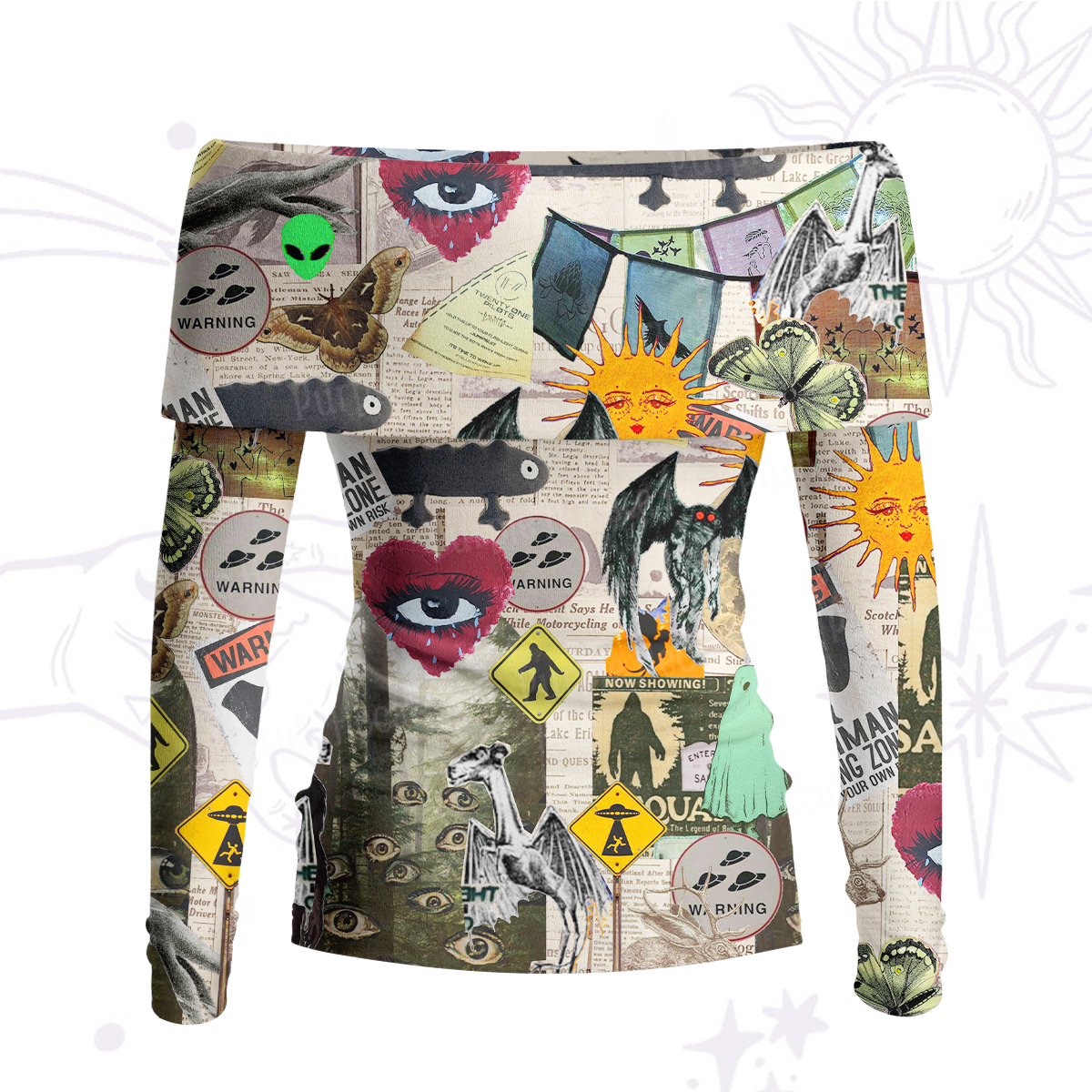 Purplehecate Cryptid Warning Collage Off Shoulder Long Sleeve Knit Top