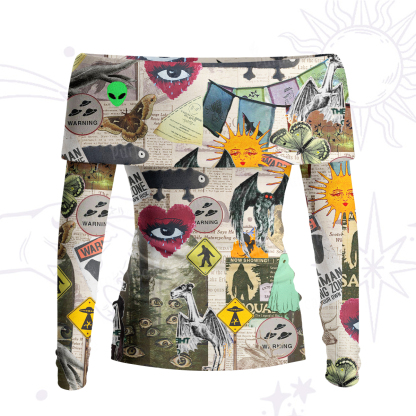 Purplehecate Cryptid Warning Collage Off Shoulder Long Sleeve Knit Top