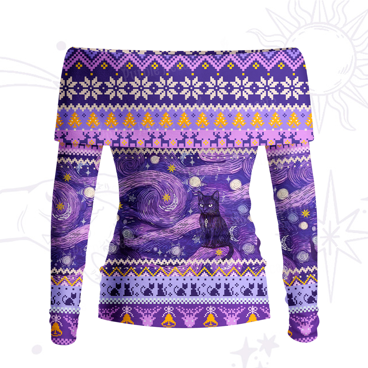 Purplehecate Mystic Cat Beneath the Cosmic Veil Off Shoulder Long Sleeve Knit Top