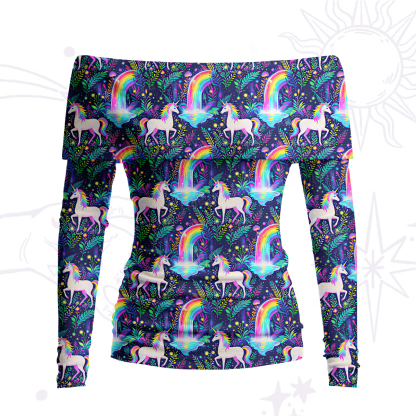 Purplehecate Rainbow Forest Unicorn Magic Off Shoulder Long Sleeve Knit Top