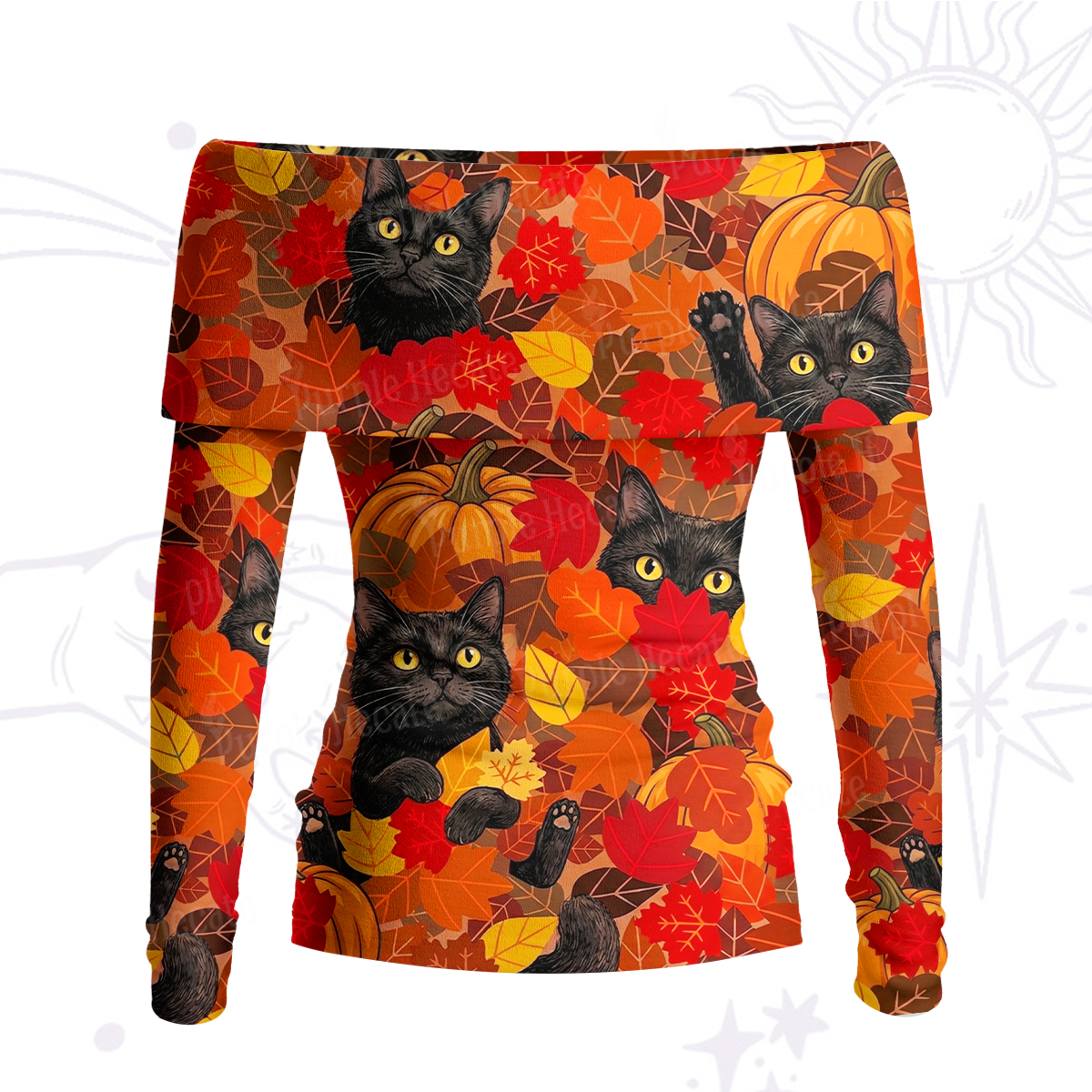Purplehecate Autumn Pumpkin Patch Black Cat Off Shoulder Long Sleeve Knit Top