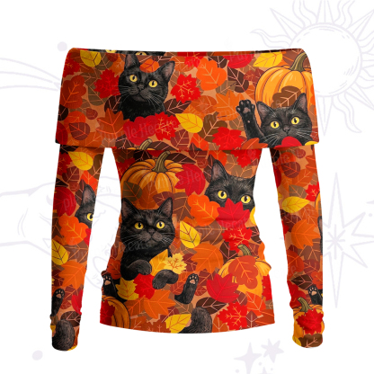 Purplehecate Autumn Pumpkin Patch Black Cat Off Shoulder Long Sleeve Knit Top