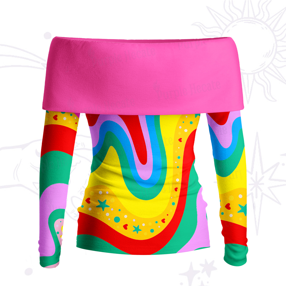 Purplehecate Dreamy Rainbow Waves Off Shoulder Long Sleeve Knit Top