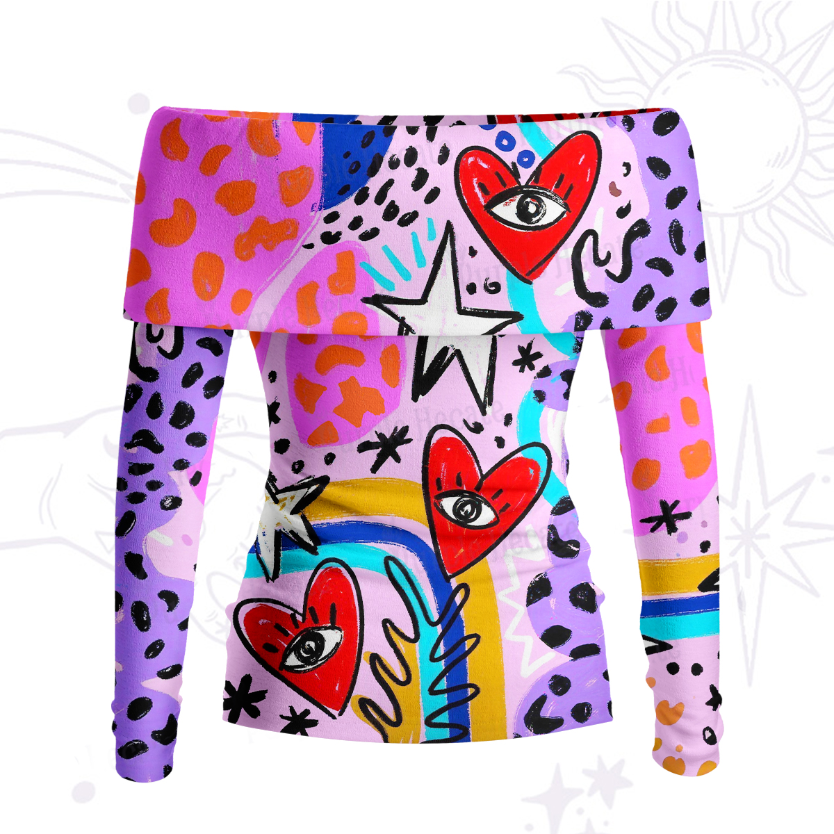 Purplehecate Cosmic Love Eyes Graffiti Off Shoulder Long Sleeve Knit Top