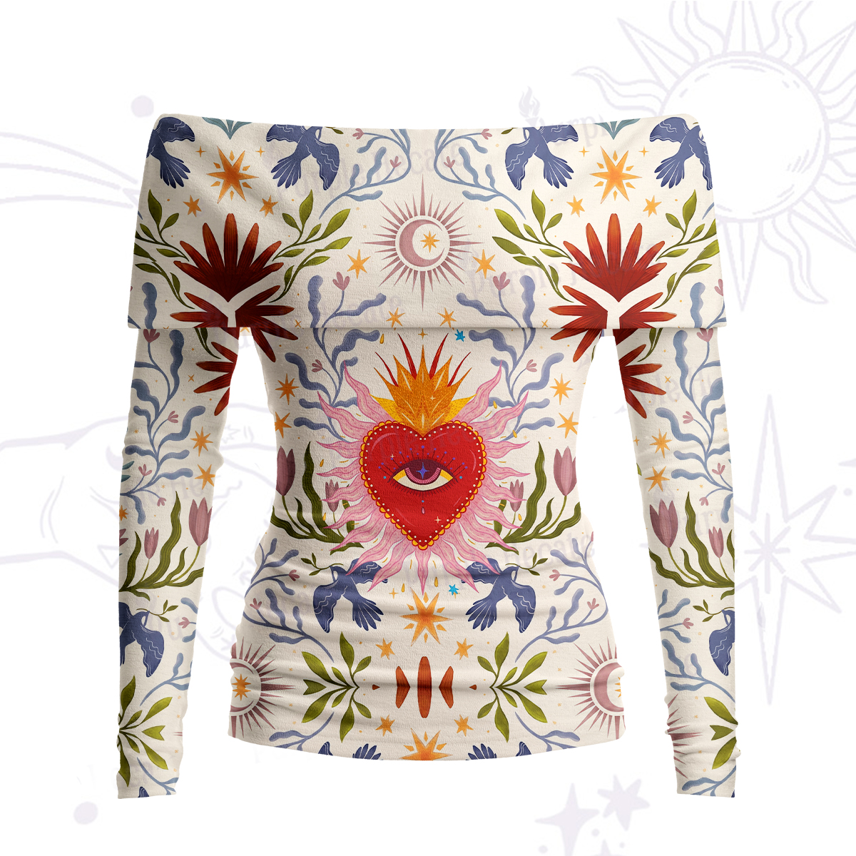 Purplehecate Sacred Flame Heart Off Shoulder Long Sleeve Knit Top