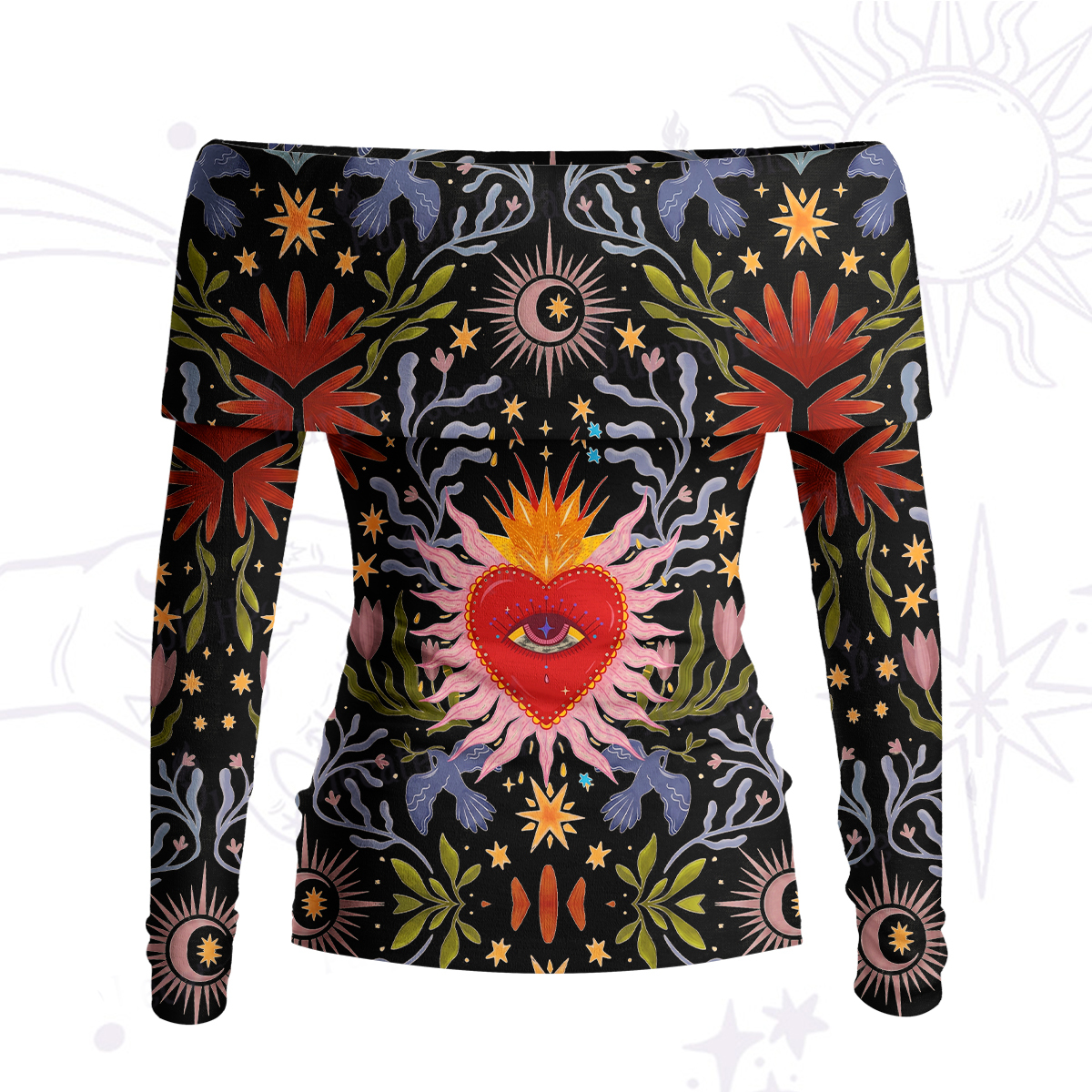 Purplehecate Sacred Flame Heart Off Shoulder Long Sleeve Knit Top