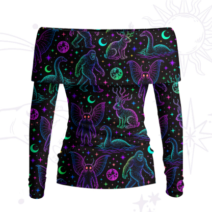 Purplehecate Neon Cryptid Creatures Off Shoulder Long Sleeve Knit Top